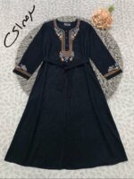 پیراهن مخمل کبریتی زنانه گلدوزی مدل مهدیس کد 27762 | پیراهن پاییزی کمربنددار