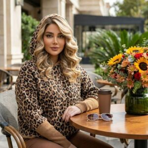 هودی زنانه کلاه دار پلنگی مدل الناز | هودی بافت گرم فینگر دار