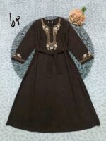پیراهن مخمل کبریتی زنانه گلدوزی مدل مهدیس کد 27762 | پیراهن پاییزی کمربنددار