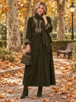 پیراهن مخمل کبریتی زنانه گلدوزی مدل مهدیس کد 27762 | پیراهن پاییزی کمربنددار