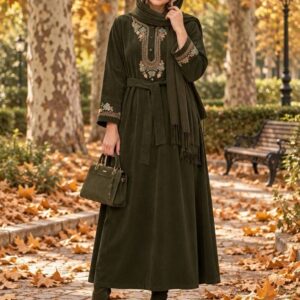 پیراهن مخمل کبریتی زنانه گلدوزی مدل مهدیس کد 27762 | پیراهن پاییزی کمربنددار